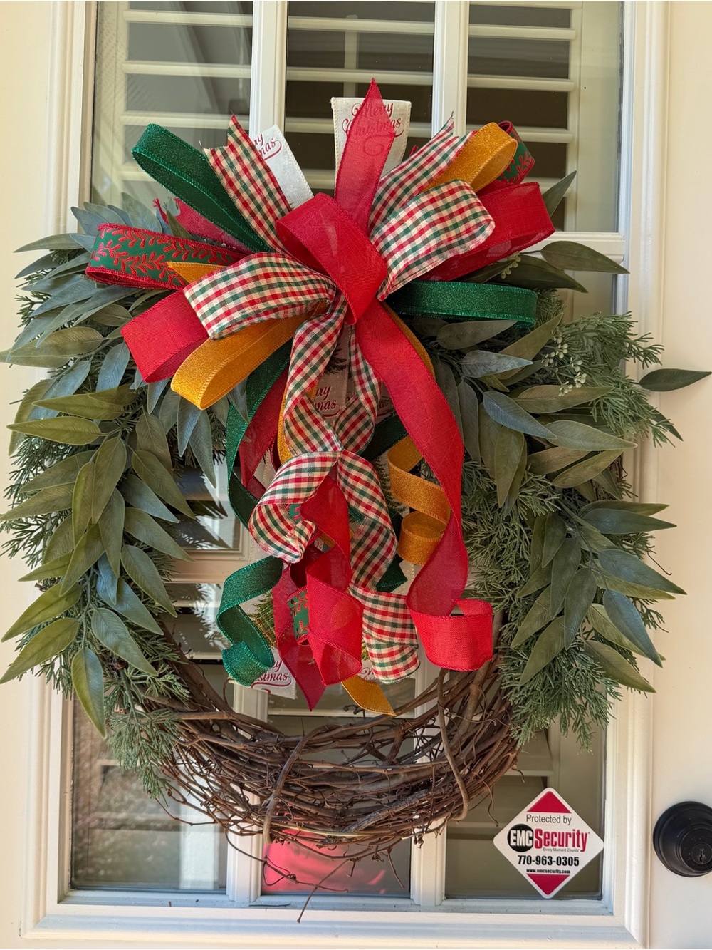 Festive Greenery Grapevine Wreath with Red, Green & Gold Ribbon